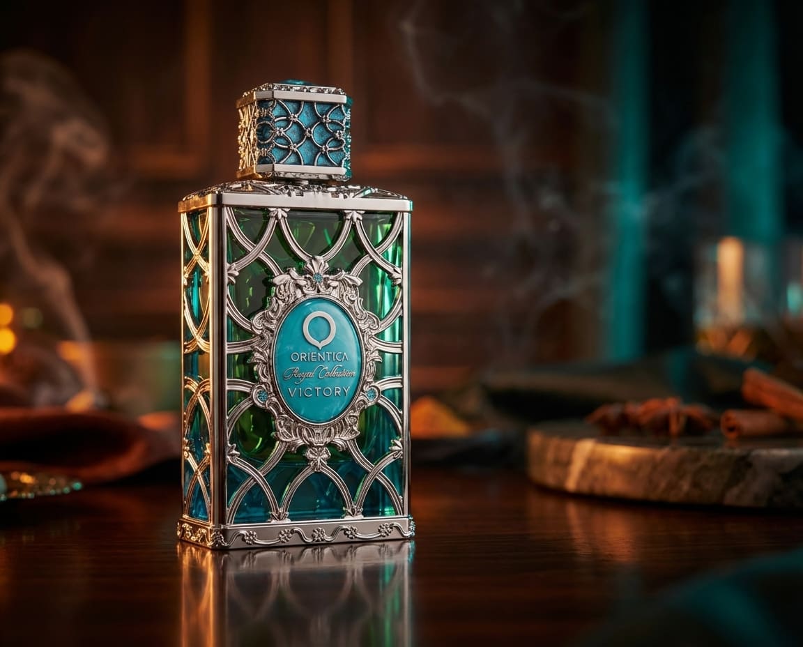 Blau-Grüner Parfum Flakon in rauchigem Hintergrund