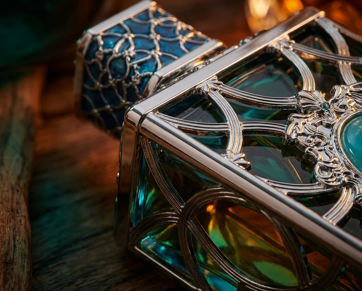 Detailaufnahme eines Blau-Grünem Parfum Flakon
